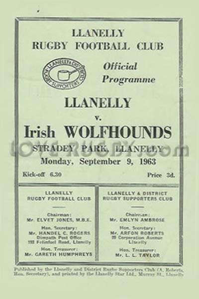 1963 Llanelli v Irish Wolfhounds  Rugby Programme